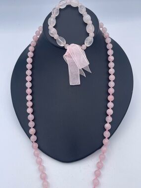 Estate Stone of Love Rose Quartz Beaded Necklace & Bracelet Set 24” Gemstone Set